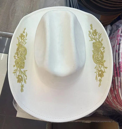 Western Faux Suede Cowboy Hat with Embroidered Flower Jazz Style Belt Fedora Hats Panama Sombrero Caps for Cowgirl And Hombre