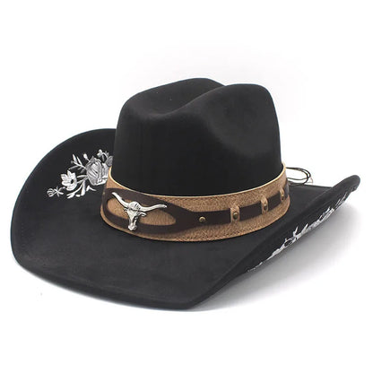 Western Faux Suede Cowboy Hat with Embroidered Flower Jazz Style Belt Fedora Hats Panama Sombrero Caps for Cowgirl And Hombre