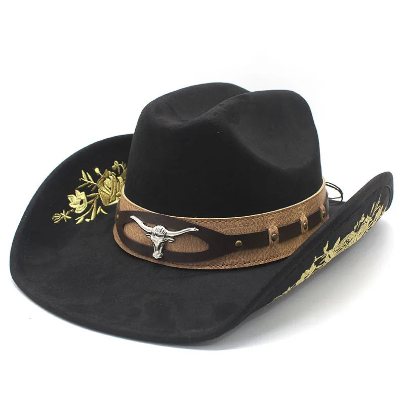 Western Faux Suede Cowboy Hat with Embroidered Flower Jazz Style Belt Fedora Hats Panama Sombrero Caps for Cowgirl And Hombre