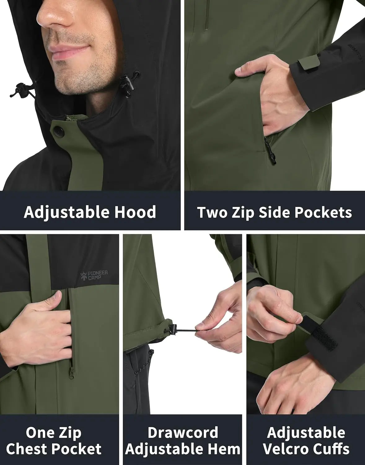 Pioneer Camp Mens Rain Jacket Waterproof Shell Jacket Hooded Lightweight Rain Coat for Outdoor Hiking 4 Pockets Windbreaker