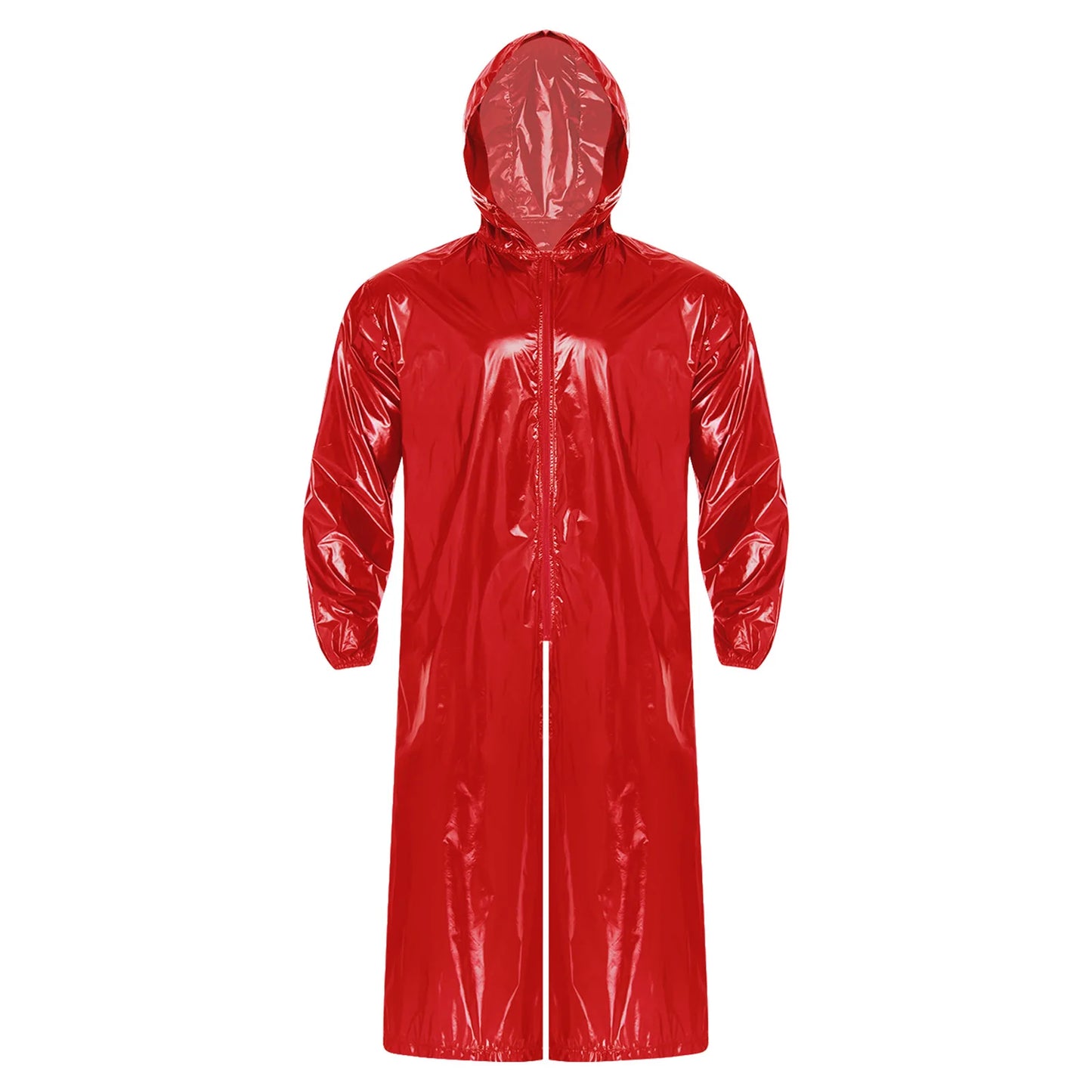 Mens Waterproof Hooded Long Jacket Tops Long Sleeve Front Zipper Lightweight Raincoat Workwear Poncho for Hiking Rainy Day Work