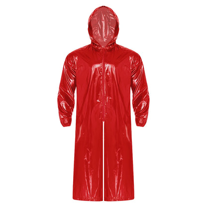 Mens Waterproof Hooded Long Jacket Tops Long Sleeve Front Zipper Lightweight Raincoat Workwear Poncho for Hiking Rainy Day Work