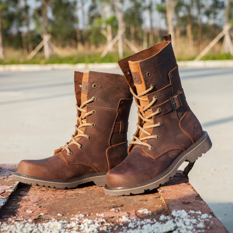 Cow Leather Men Motorcycle Boots high-top trekking Combat Boots Gothic Belt Punk Boots Men Tactical sneaker Cycling hiking Shoes