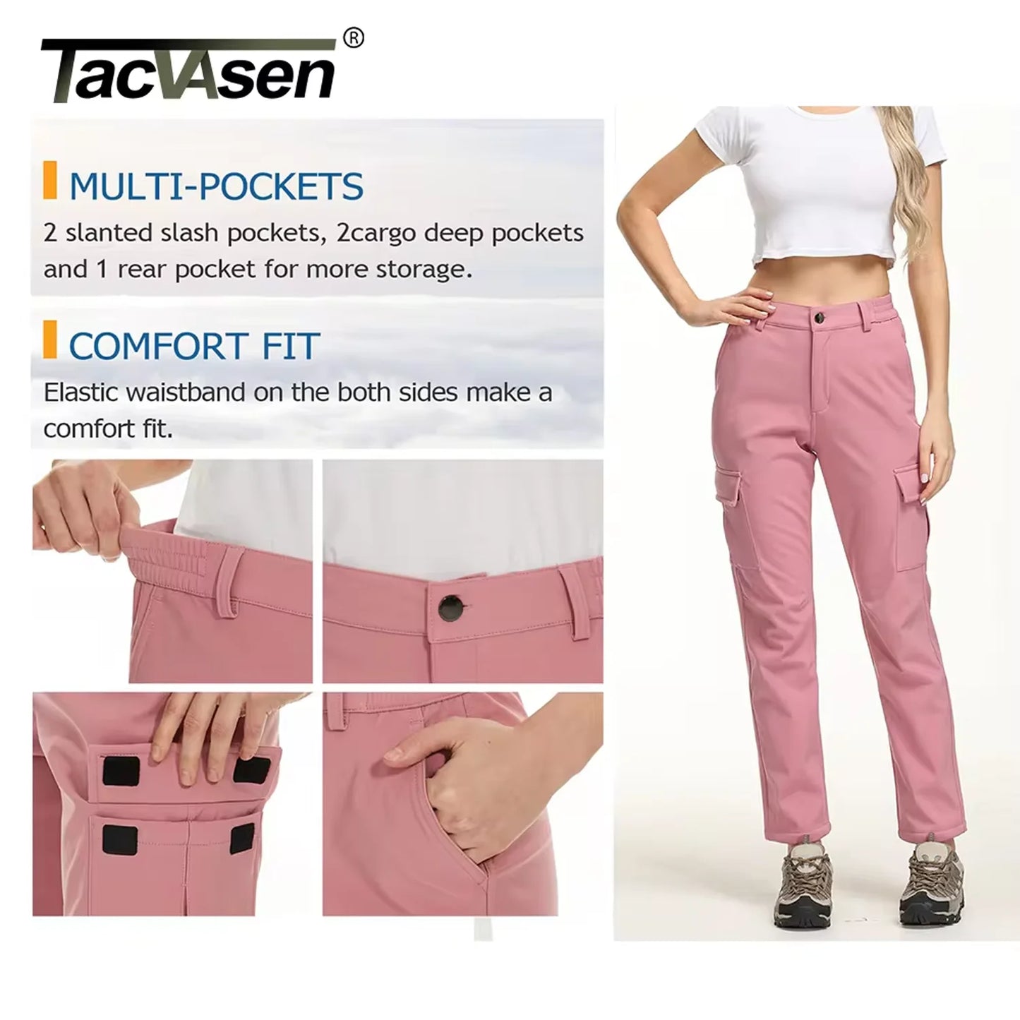 TACVASEN Winter Skiing Hiking Pants Womens Snowboard Cargo Pants Waterproof Windproof Multi-Pockets Fleece Lined Camping Trouser