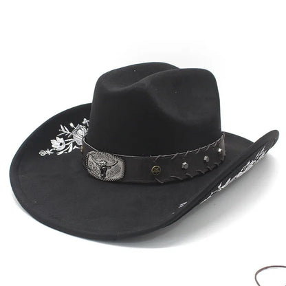 Western Faux Suede Cowboy Hat with Embroidered Flower Jazz Style Belt Fedora Hats Panama Sombrero Caps for Cowgirl And Hombre