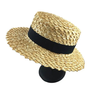 7cm Wide Brim Boater Cap Ribbon Round Flat Top Wheat Straw Hats Sun Beach hat Summer Women kentucky derby Hat Sombreros Mujer