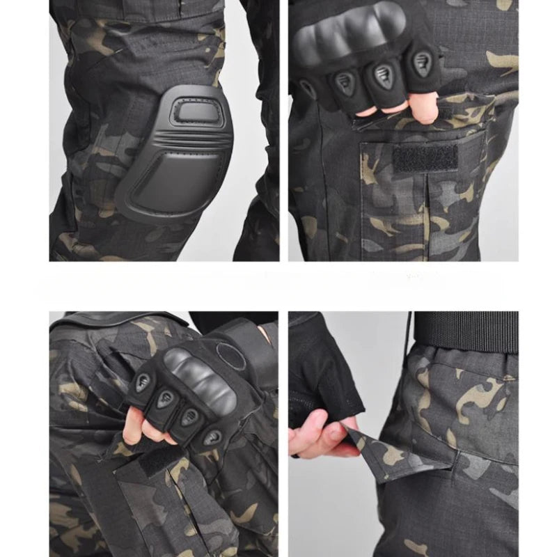 Summer Outdoors Tactical Set Men Thin Quick Drying Combat Training Uniform Camo Patchwork Tops+Multi Pocket Cargo Pants Suit