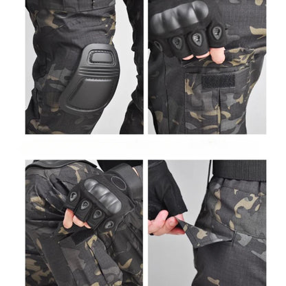Summer Outdoors Tactical Set Men Thin Quick Drying Combat Training Uniform Camo Patchwork Tops+Multi Pocket Cargo Pants Suit