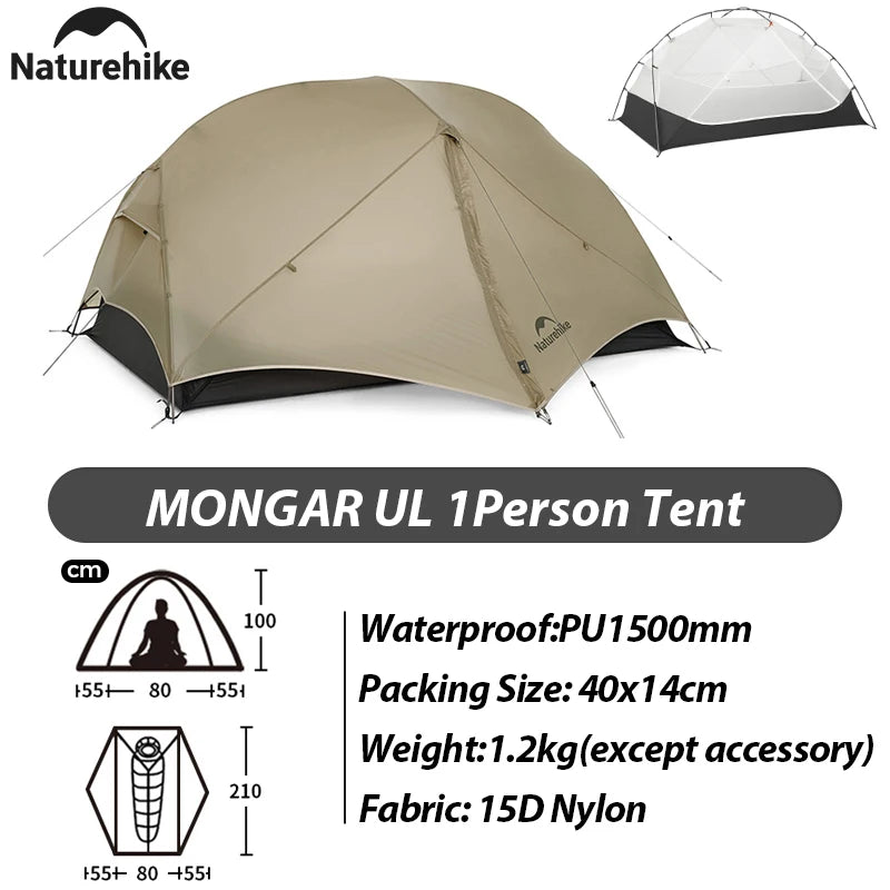 Naturehike Mongar Pro 123 Ultralight Three Season Outdoor Waterproof 20D Nylon Hiking Tent 2 Person Rucksack Camping Riding Tent
