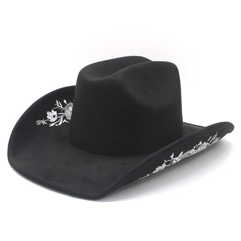 Western Faux Suede Cowboy Hat with Embroidered Flower Jazz Style Belt Fedora Hats Panama Sombrero Caps for Cowgirl And Hombre