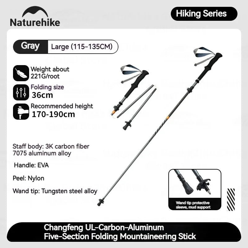 Naturehike 5-Section Trekking Pole Teleskopic Ultralight Walking Stick Hiking Climbing Stick Carbon Fiber Aluminum Alloy Folding