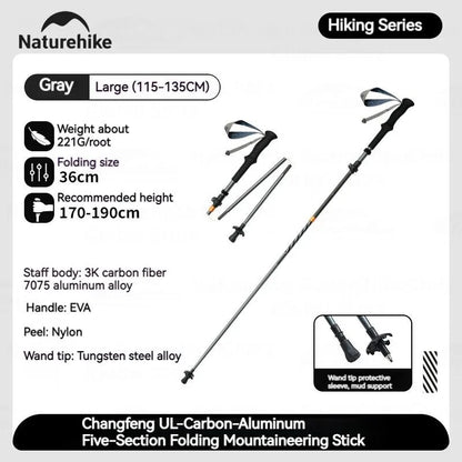 Naturehike 5-Section Trekking Pole Teleskopic Ultralight Walking Stick Hiking Climbing Stick Carbon Fiber Aluminum Alloy Folding