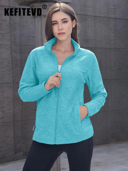 KEFITEVD Women Winter Full Zip Fleece Jacket Thermal Lightweight Coat Ladies Warm Camping Hiking Climbing Casual Top Windbreaker