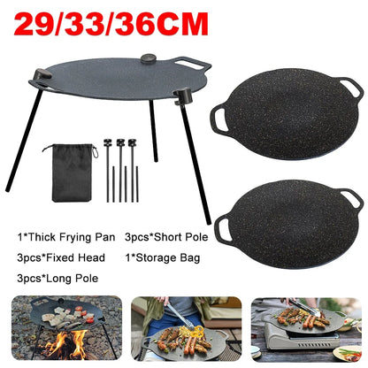 33cm Open Flame Cooking Pot Non-Stick Round Grilling Pan Multi-Purpose Camping Skillet Tray with Adjustable Bracket