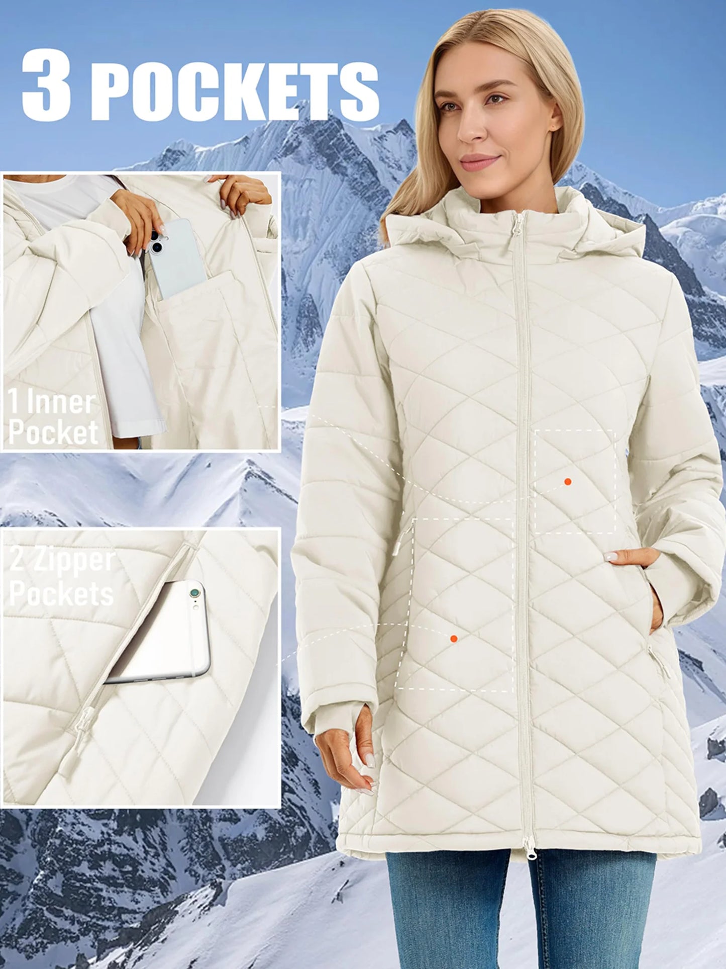 TACVASEN Winter Long Quilted Puffer Jackets Women's Lightweight Warm Insulated Coat Waterproof Outwear Parkas with Hood Hiking