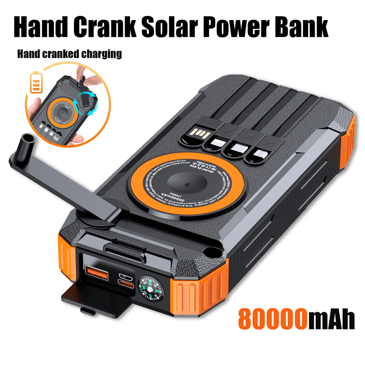 2026 NEW Solar Power Bank 80000mAh 22.5W Magnetic Wireless Powerbank Hand Crank with Cable Portable Charger for Outdoor Camping