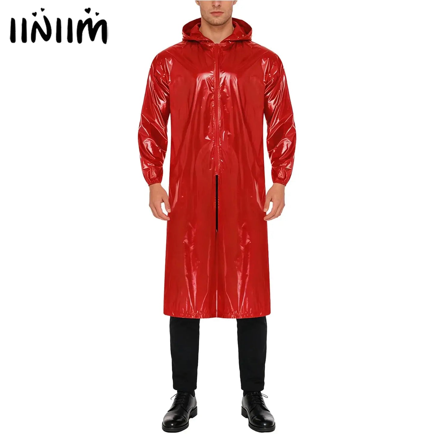 Mens Waterproof Hooded Long Jacket Tops Long Sleeve Front Zipper Lightweight Raincoat Workwear Poncho for Hiking Rainy Day Work
