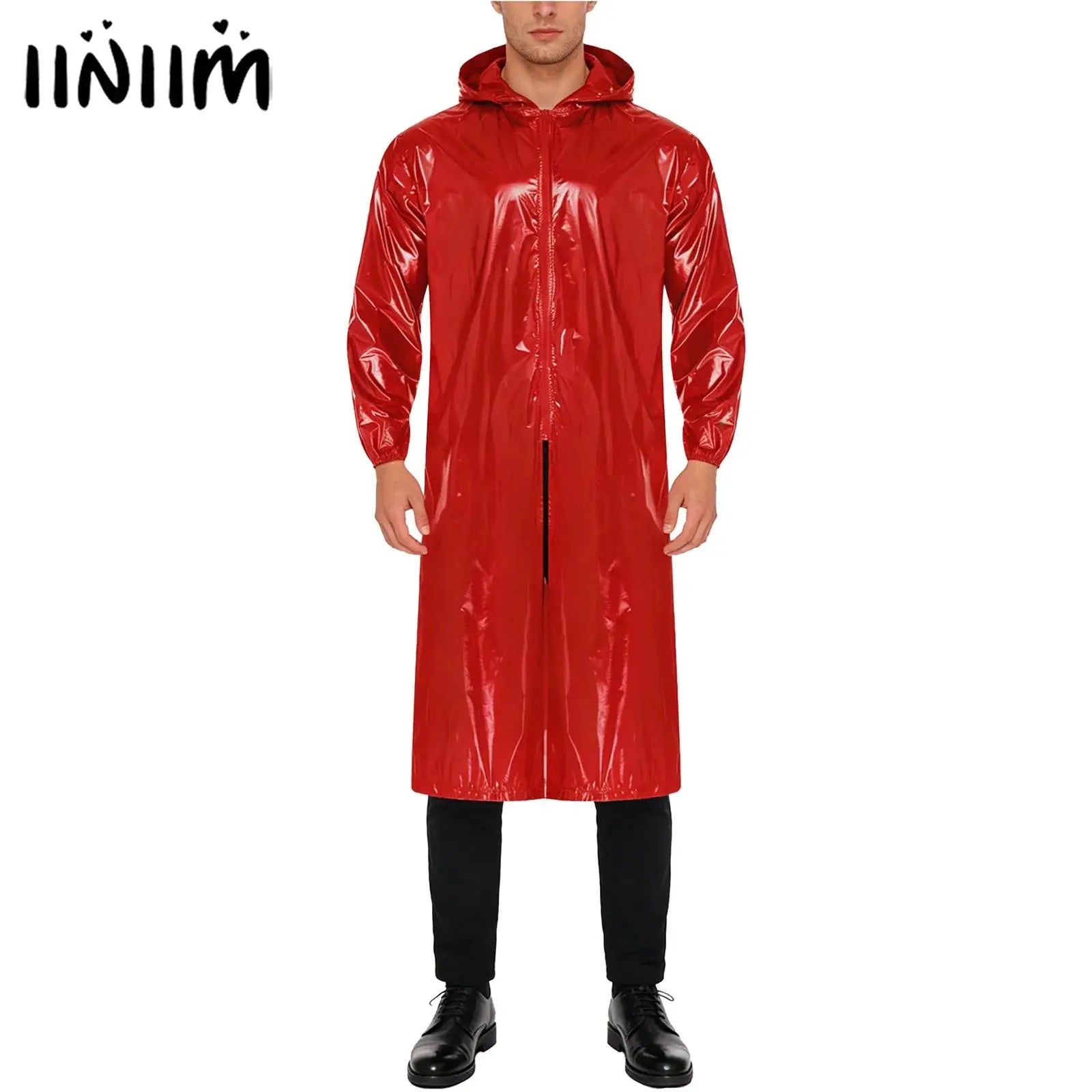 Mens Waterproof Hooded Long Jacket Tops Long Sleeve Front Zipper Lightweight Raincoat Workwear Poncho for Hiking Rainy Day Work