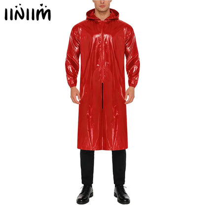 Mens Waterproof Hooded Long Jacket Tops Long Sleeve Front Zipper Lightweight Raincoat Workwear Poncho for Hiking Rainy Day Work