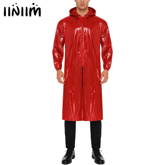 Mens Waterproof Hooded Long Jacket Tops Long Sleeve Front Zipper Lightweight Raincoat Workwear Poncho for Hiking Rainy Day Work