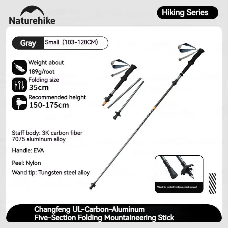 Naturehike 5-Section Trekking Pole Teleskopic Ultralight Walking Stick Hiking Climbing Stick Carbon Fiber Aluminum Alloy Folding