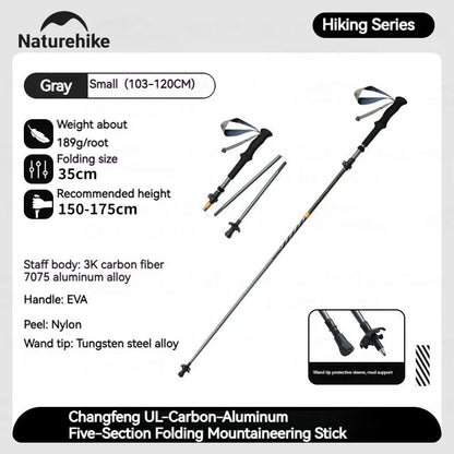 Naturehike 5-Section Trekking Pole Teleskopic Ultralight Walking Stick Hiking Climbing Stick Carbon Fiber Aluminum Alloy Folding