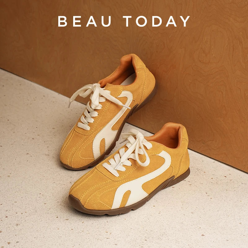 BEAUTODAY Sneakers Women Cow Suede Leather Lace-up Mixed Color Round Toe Trainers Outdoors Ladies Sports Shoes Handmade 29957