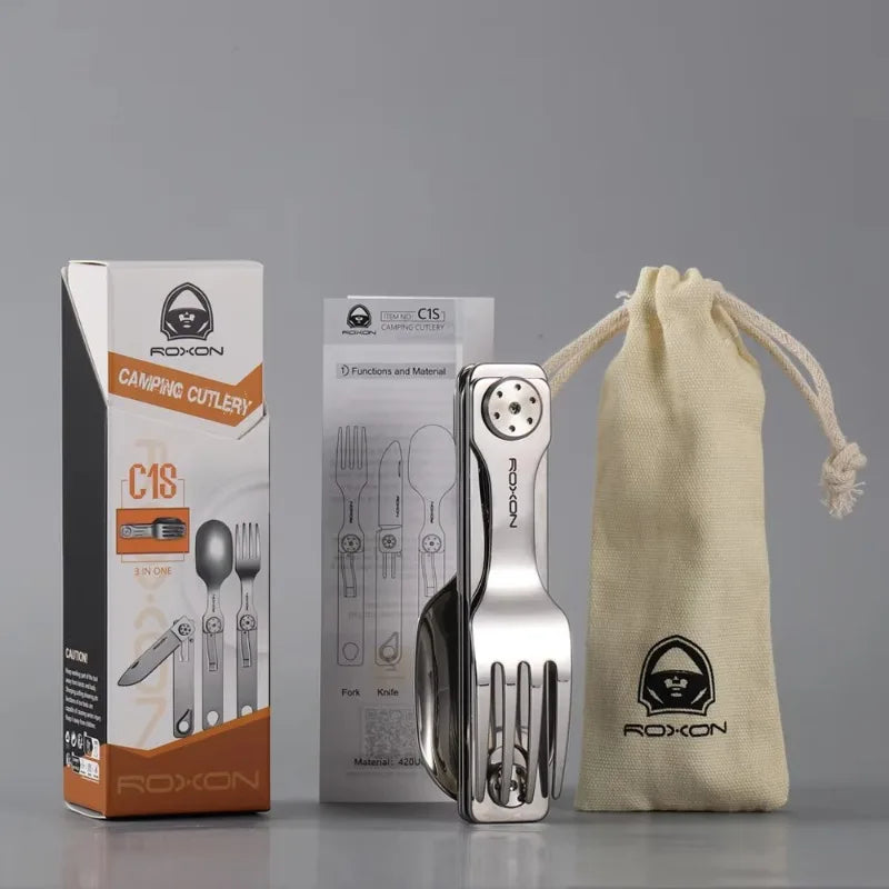 Portable 3-in-1 Tableware Set Stainless Steel Knife Fork Spoon Outdoor Camping Field Exquisite Multifunctional Equipment Tools
