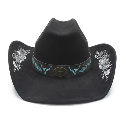 Western Faux Suede Cowboy Hat with Embroidered Flower Jazz Style Belt Fedora Hats Panama Sombrero Caps for Cowgirl And Hombre