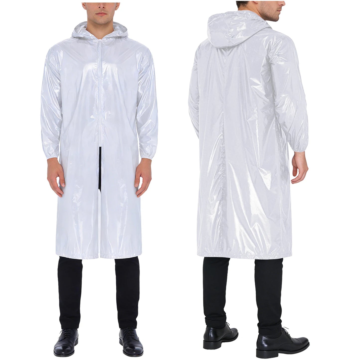 Mens Waterproof Hooded Long Jacket Tops Long Sleeve Front Zipper Lightweight Raincoat Workwear Poncho for Hiking Rainy Day Work