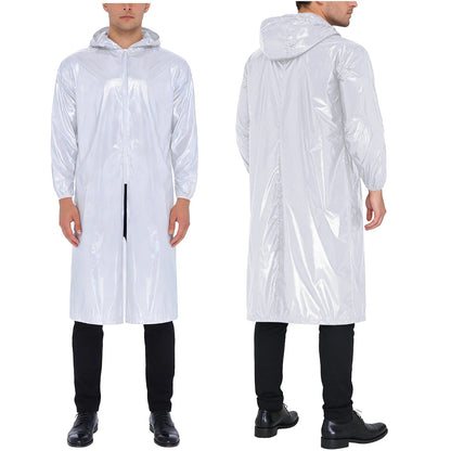 Mens Waterproof Hooded Long Jacket Tops Long Sleeve Front Zipper Lightweight Raincoat Workwear Poncho for Hiking Rainy Day Work