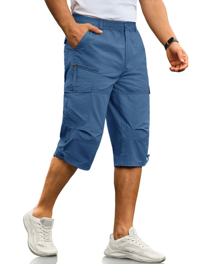 MAGCOMSEN Men's Cotton Twill Cargo Capri Shorts Elastic Waist Multi-Pocket Knee Plus Size Outdoor Hiking Fishing Work Shorts