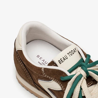 BEAUTODAY Casual Sneakers Women Cow Suede Leather Round Toe Retro Trainers Lace up Outdoors Ladies Shoes Handmade 29959