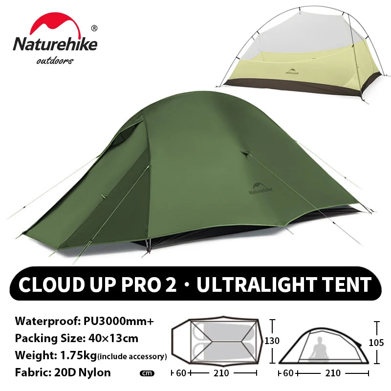 Naturehike Cloud Up 2 People Tent Ultralight 20D Camping Tent Waterproof Outdoor Hiking Travel Backpacking Cycling Fishing Tents