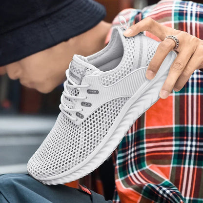 Men Sneakers Summer Mesh Breathable Casual Walking Shoes Solid Color Lace-Up Flat Comfort Walking Running Shoes Tennis Shoes