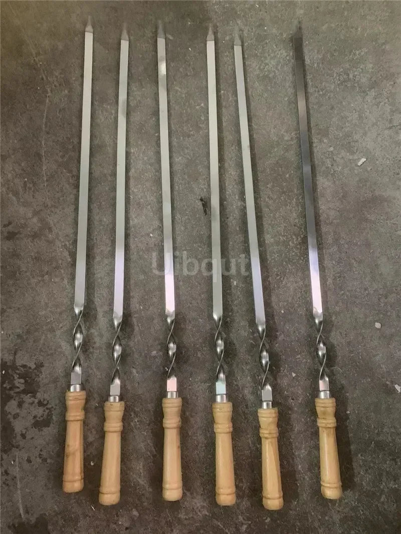 6pcs or 12 pcs BBQ Skewers 55cm big Long Handle Kebab Barbecue Grill Stick Wood BBQ Fork Stainless steel Outdoors Grill Needle