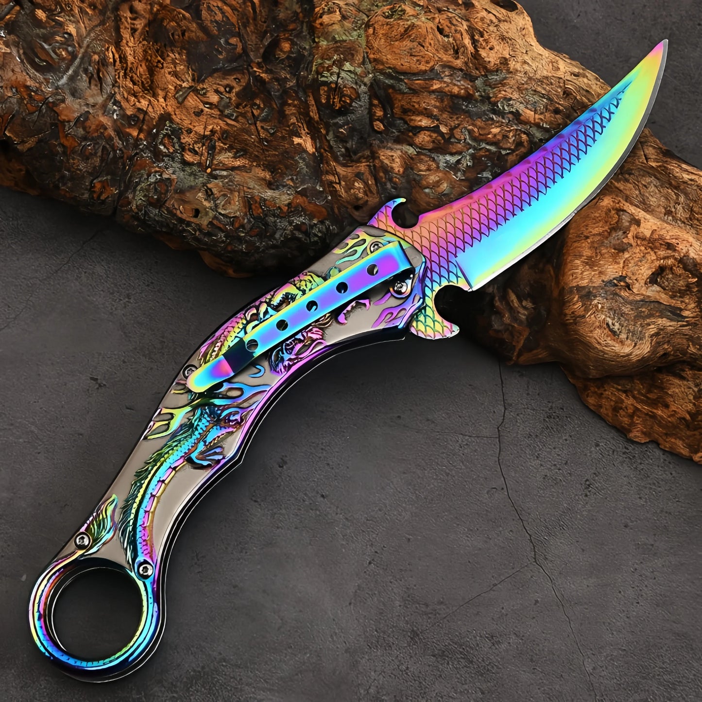 Knives for Men,Pocket Knife for Men,Folding Knife with 3D Colorful Dragon Relief,Cool Survival Knife,Knife for Camping Hiking
