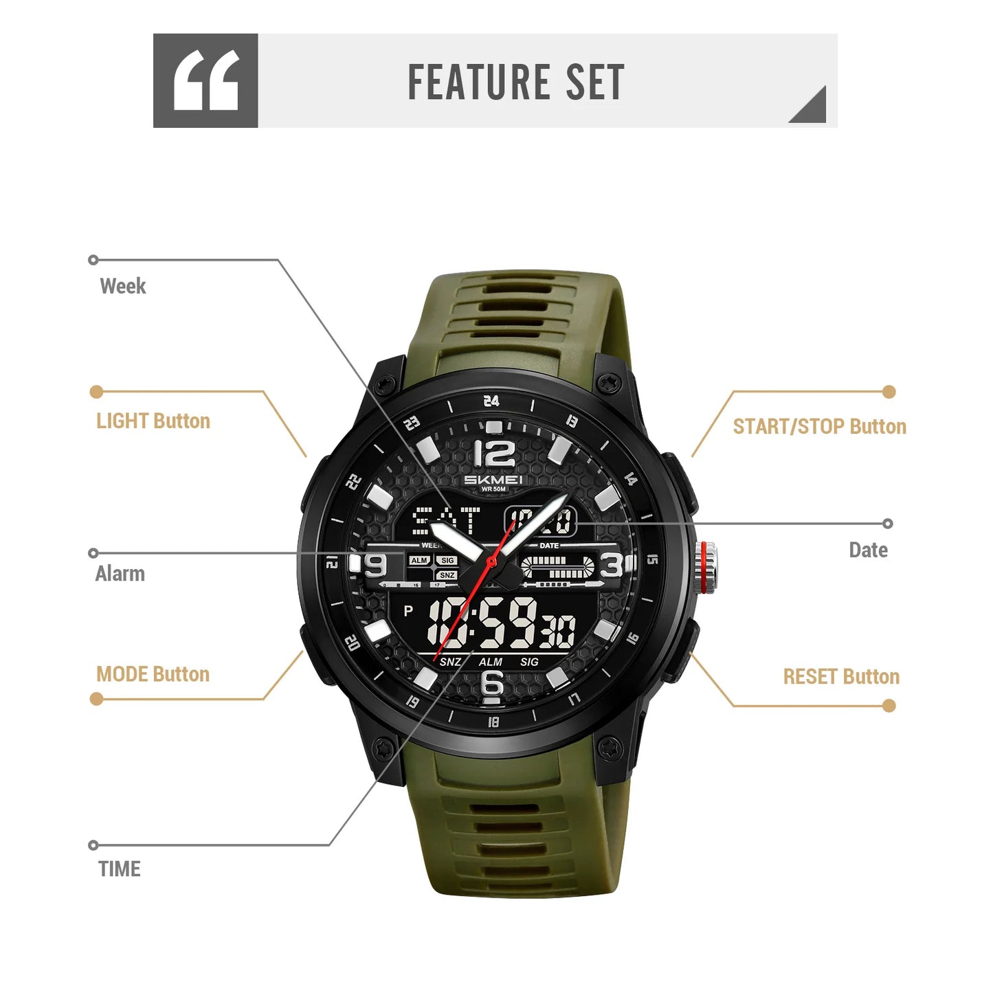 SKMEI Large dial Sport Watches Quartz Digital Display Outdoors Waterproof with Calendar Analog Three Time Zone Alarm Clock 2401