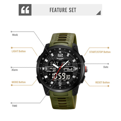 SKMEI Large dial Sport Watches Quartz Digital Display Outdoors Waterproof with Calendar Analog Three Time Zone Alarm Clock 2401