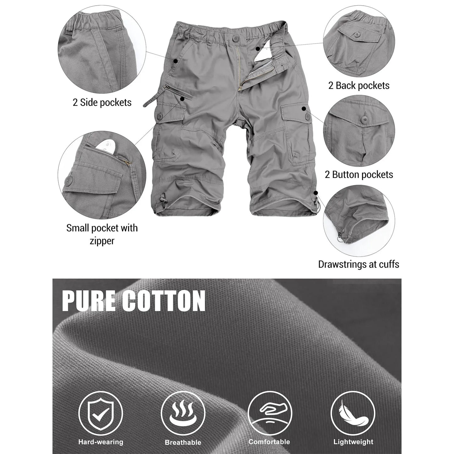 MAGCOMSEN Men's Cotton Twill Cargo Capri Shorts Elastic Waist Multi-Pocket Knee Plus Size Outdoor Hiking Fishing Work Shorts