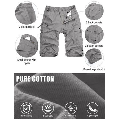 MAGCOMSEN Men's Cotton Twill Cargo Capri Shorts Elastic Waist Multi-Pocket Knee Plus Size Outdoor Hiking Fishing Work Shorts