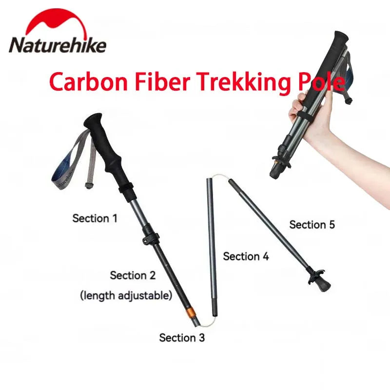 Naturehike 5-Section Trekking Pole Teleskopic Ultralight Walking Stick Hiking Climbing Stick Carbon Fiber Aluminum Alloy Folding