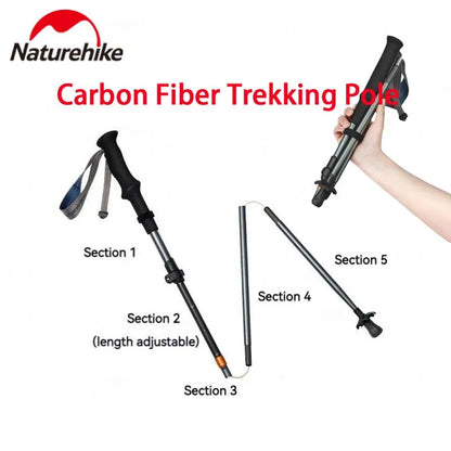 Naturehike 5-Section Trekking Pole Teleskopic Ultralight Walking Stick Hiking Climbing Stick Carbon Fiber Aluminum Alloy Folding