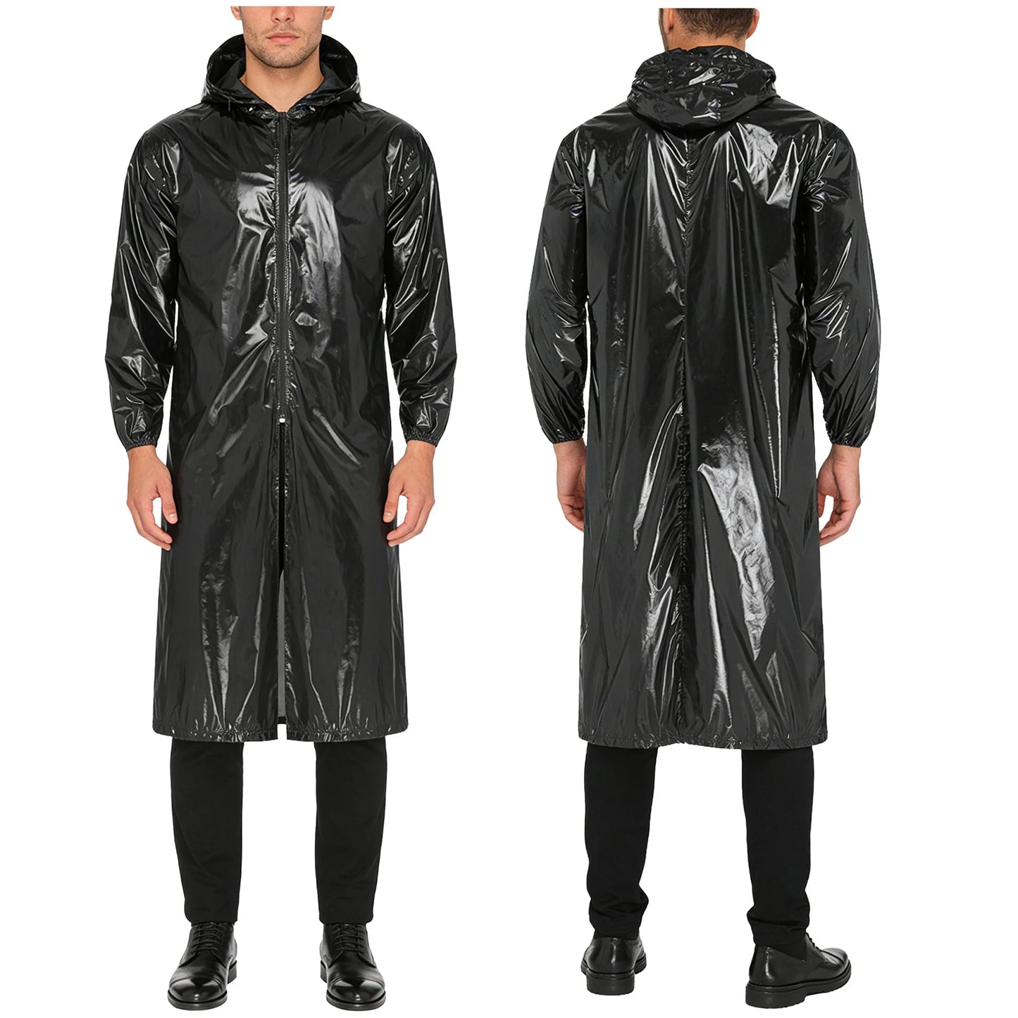 Mens Waterproof Hooded Long Jacket Tops Long Sleeve Front Zipper Lightweight Raincoat Workwear Poncho for Hiking Rainy Day Work