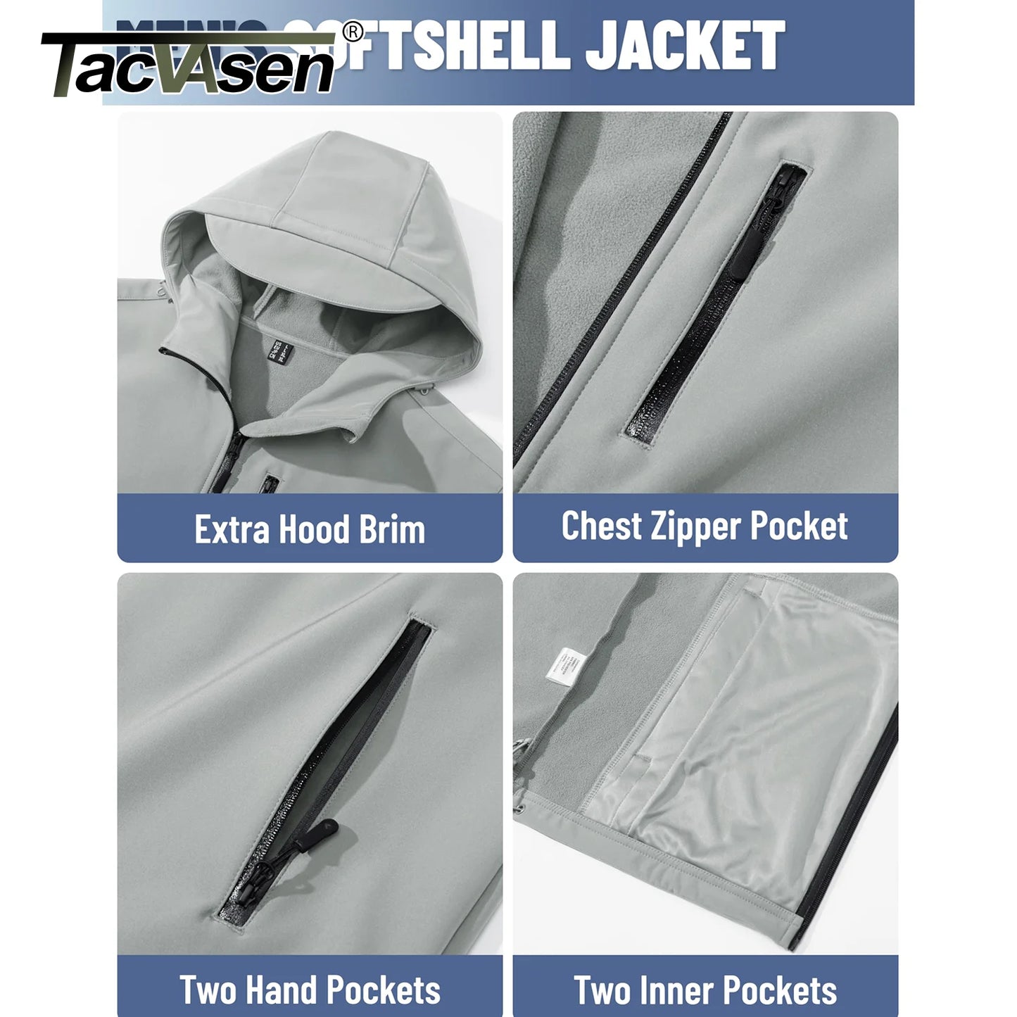 TACVASEN Hooded Softshell Jacket Mens Waterproof Rain Jacket Fleece Lined Work Jacket Outdoor Trekking Hiking Windbreaker Male