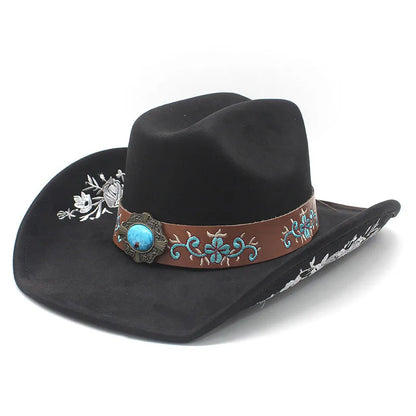 Western Faux Suede Cowboy Hat with Embroidered Flower Jazz Style Belt Fedora Hats Panama Sombrero Caps for Cowgirl And Hombre