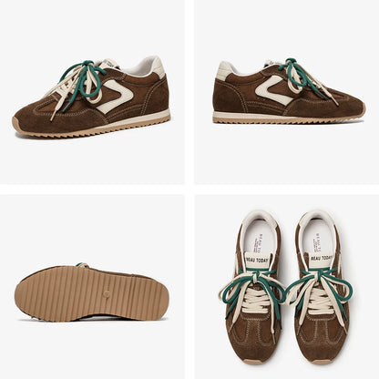 BEAUTODAY Casual Sneakers Women Cow Suede Leather Round Toe Retro Trainers Lace up Outdoors Ladies Shoes Handmade 29959