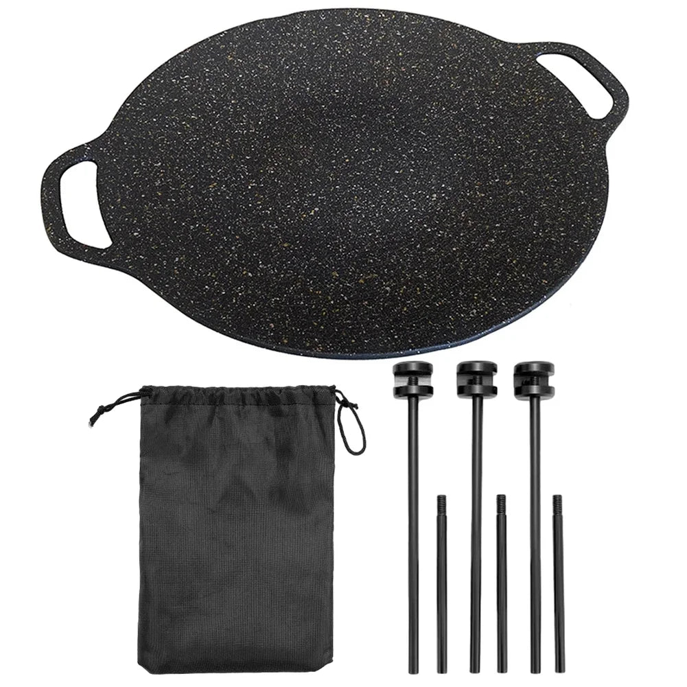 33cm Open Flame Cooking Pot Non-Stick Round Grilling Pan Multi-Purpose Camping Skillet Tray with Adjustable Bracket