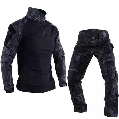 Summer Outdoors Tactical Set Men Thin Quick Drying Combat Training Uniform Camo Patchwork Tops+Multi Pocket Cargo Pants Suit