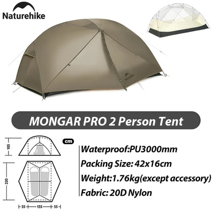 Naturehike Mongar Pro 123 Ultralight Three Season Outdoor Waterproof 20D Nylon Hiking Tent 2 Person Rucksack Camping Riding Tent